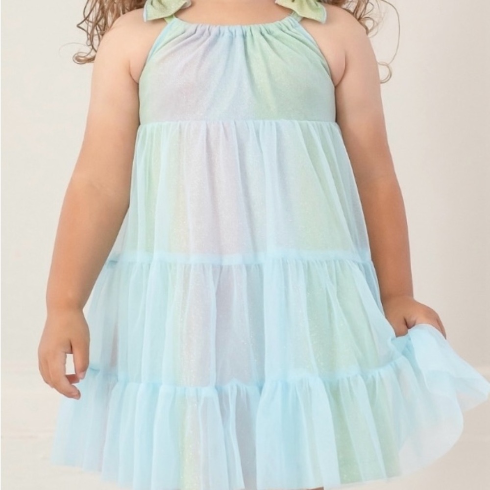 Pastel Blue Sparkling Kids Dress w/ Tulle Overlay